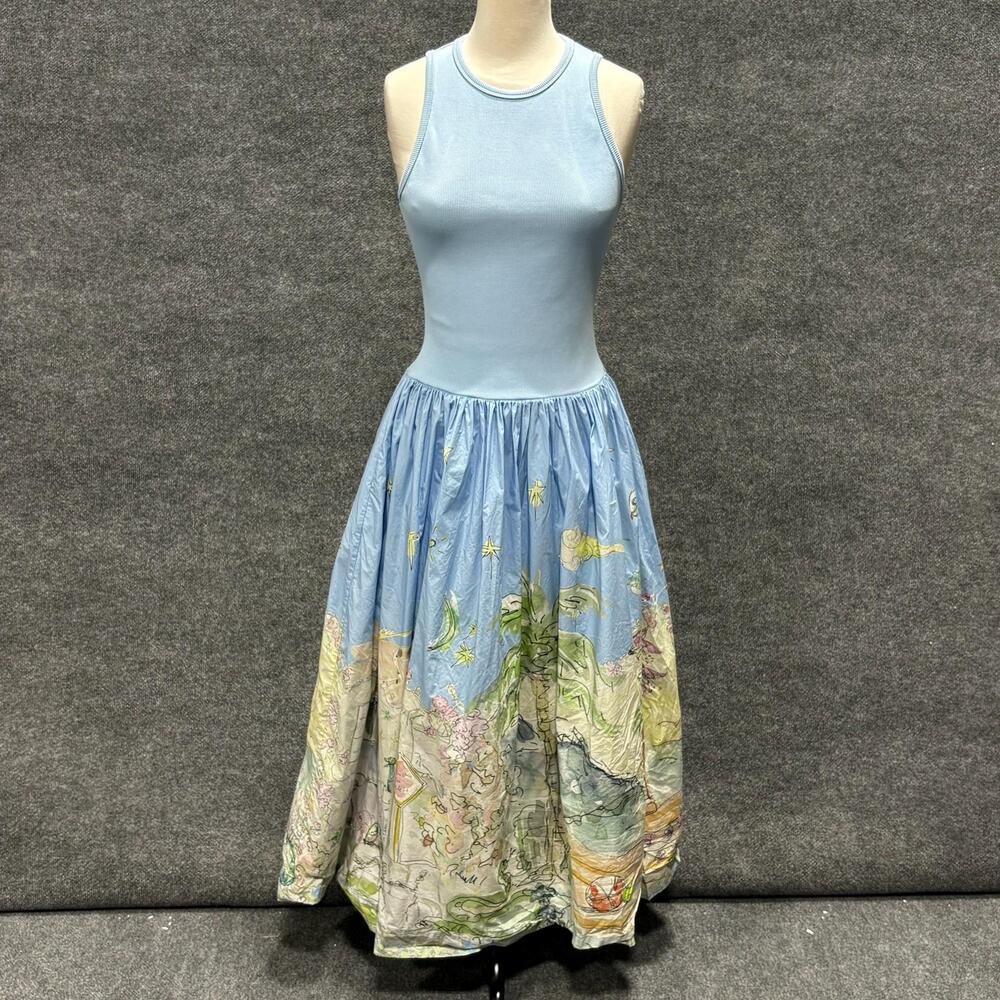 ALÉMAIS Dress Womens 2 Blue Anouk Graphic Print Fit Flare Tank Maxi Travel
